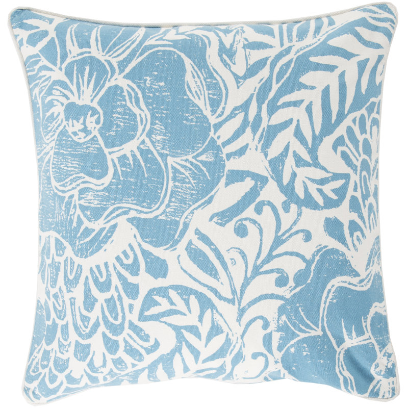 Floral Cotton Throw Pillow, 18" H x 18" W x 4" D, Blue, Down