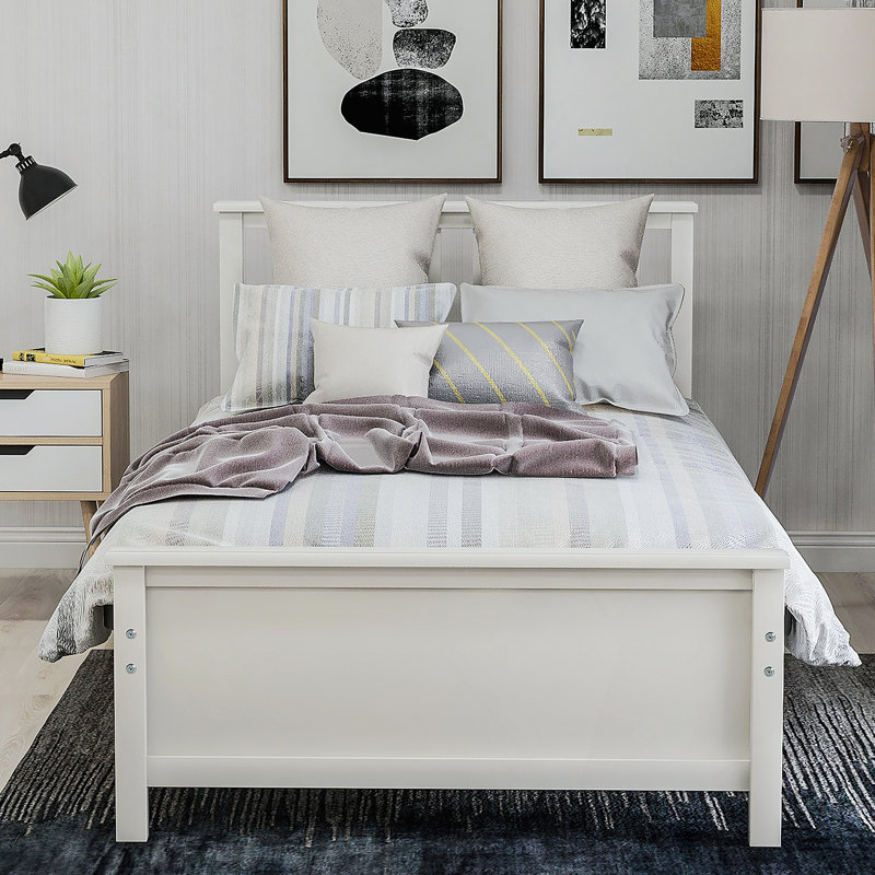Lit plateforme en bois avec tête de lit, pied de lit et lattes en bois, Noyer