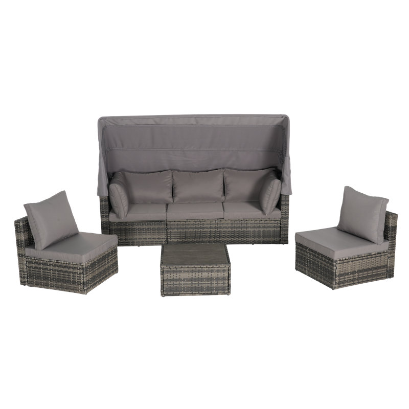 de jour en osier pour terrasse avec auvent rétractable, table d'appoint et coussins moelleux pour la détente dans la cour ou le porche