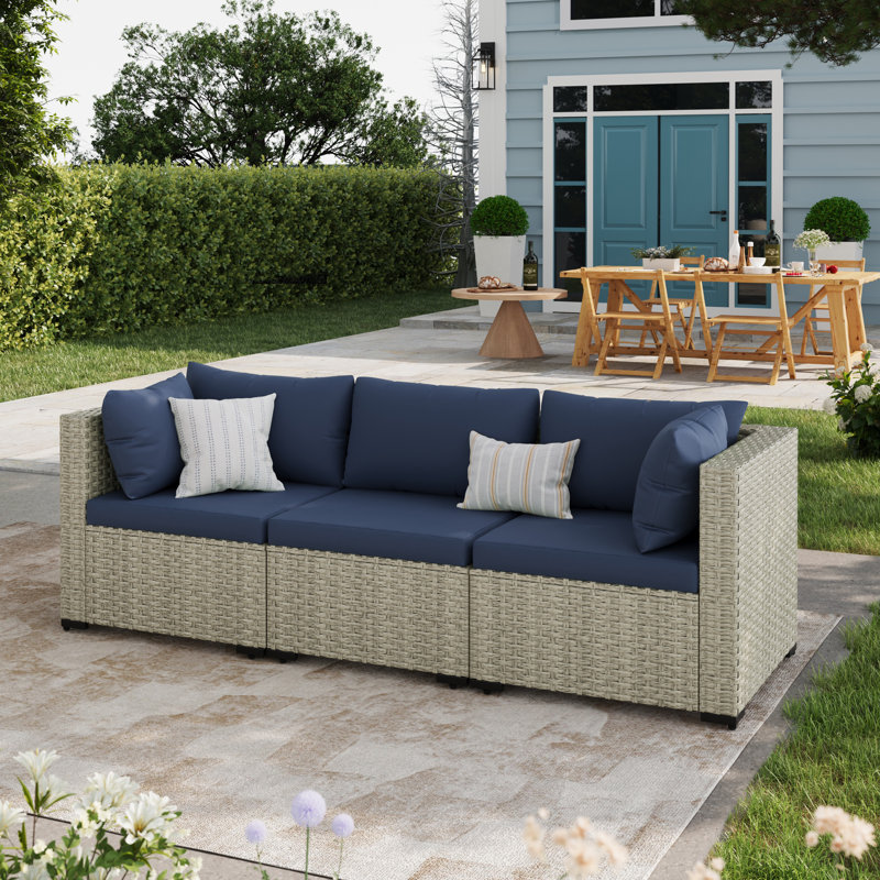 Canapé de patio en rotin avec coussins 3 pièces, Marine