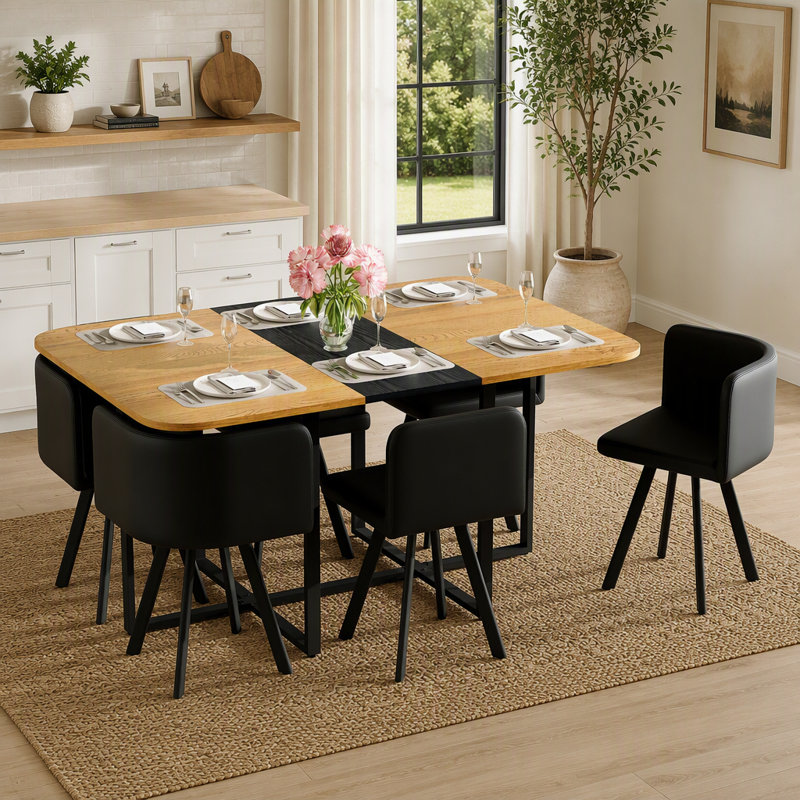 Ensemble de table de salle à manger 7 pièces avec 6 chaises en polyuréthane noir, table de cuisine rectangulaire à deux tons noir et grain de bois (planche de triamine), mobilier moderne et peu encombrant pour les petits espaces