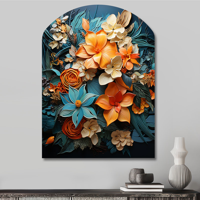 Orange Blue Tropical Tangle III - Arch Abstract Collages Metal Wall Art, Asymmetrical Metal Wall Sculpture Print