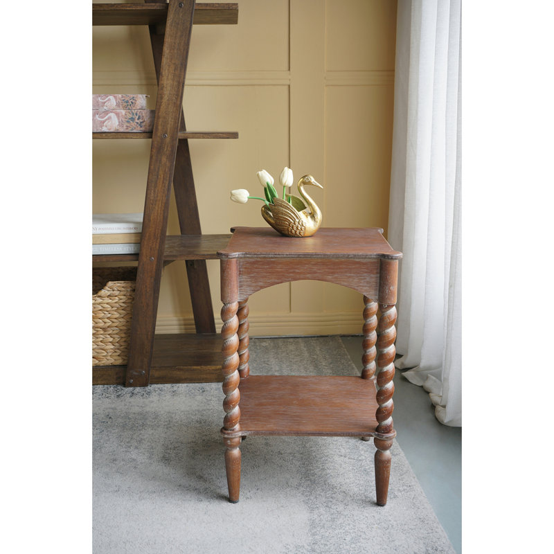 Distressed Brown Wood Side Table with Turned Spiral Legs and Lower Shelf