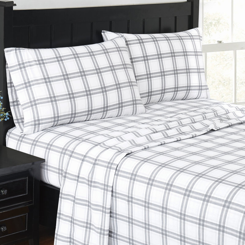 London Fog Classic Cozy Solid Flannel Sheets, Twin Sheet Set + Fitted Sheet + 1 Pillowcase, Plaid, White/Gray