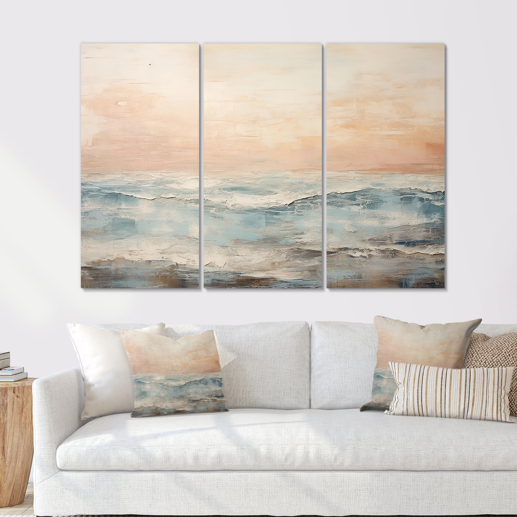 Design Art Modern Coastal Beige And Blue River - Coastal Ocean Wall Art Living Room Set | Wayfair