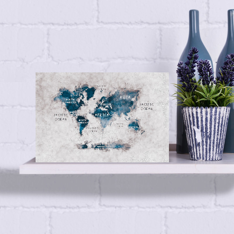 Art mural contemporain carte du monde bleu aquarelle, H 12 po x l 18 po, White/Blue/Grey