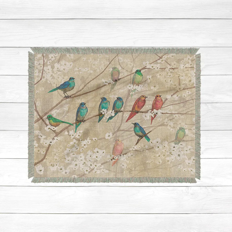 Birds and Blossoms Beige Cotton Machine Washable Throw Blanket