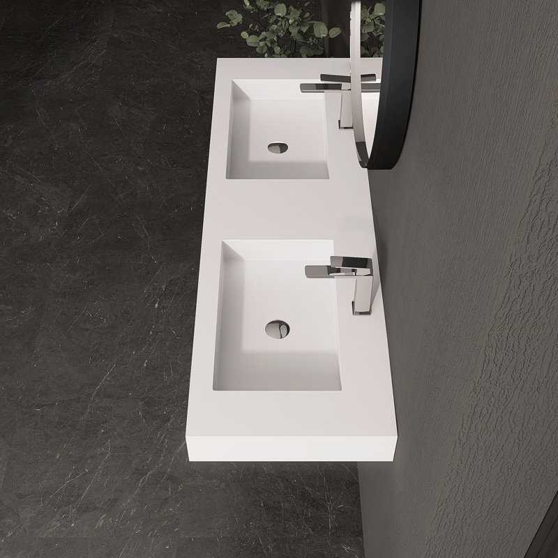 59'' Rectangular Stone Resin Double Bathroom Sink With Faucet Holes, White