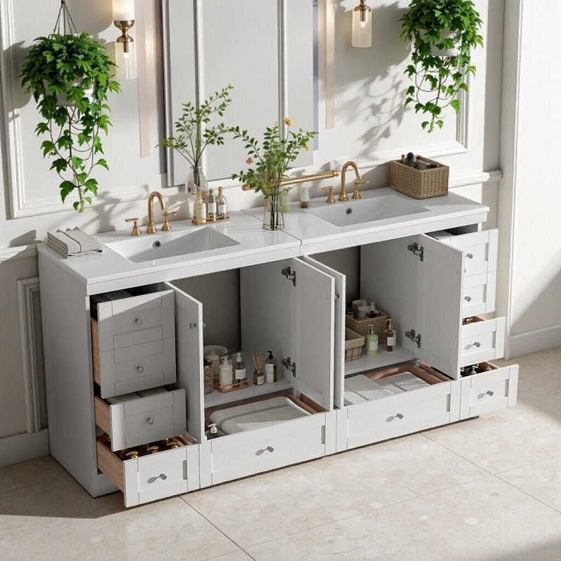 72" Freestanding Bathroom Vanity With Ceramic Sink, Soft-Close, Ample Storage