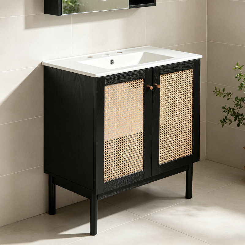 Meuble-lavabo de 30 po avec porte en rotin fabriqué à la main Fiest, Noir