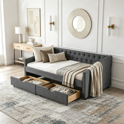 Twin Size Upholstered Tufted Daybed with Drawers & Waved Copper Nail Arms
