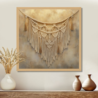 Beige Brown Golden Macrame Spirit II - Abstract Boho Picture Framed Wall Art