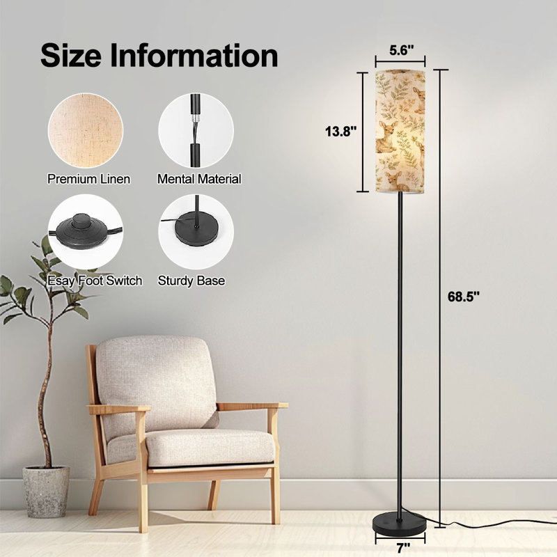  68.5" Standing Floor Lamp Vintage Woodland Deer Botanical Elements Dimmable Metal Pole Lamp with Linen Lampshade LED Bulb Included