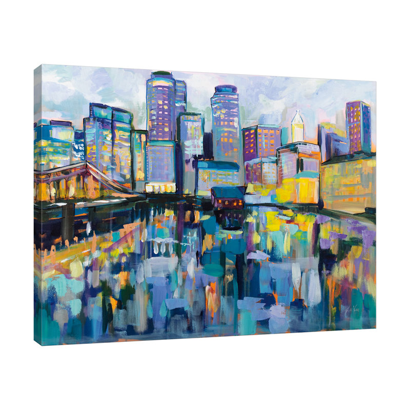 «Boston Harbor» par Jeanette Vertentes - peinture sur toile tendue, H 12 po x l 15 po x P 1,5 po