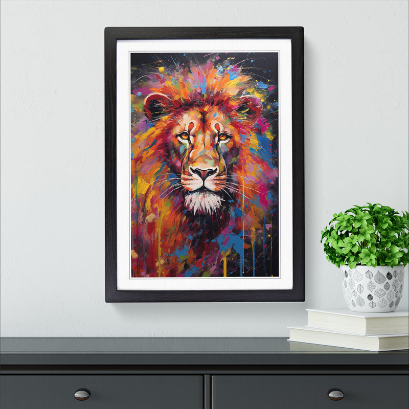 Lion Expressionism Art - Framed Print, 46cm H x 34cm W x 2cm D, Black Framed