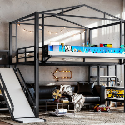 Lit mezzanine double en métal avec escalier de rangement, tablettes, garde-robe intégrée, ports USB et lumières DEL, conception à bruit réduit