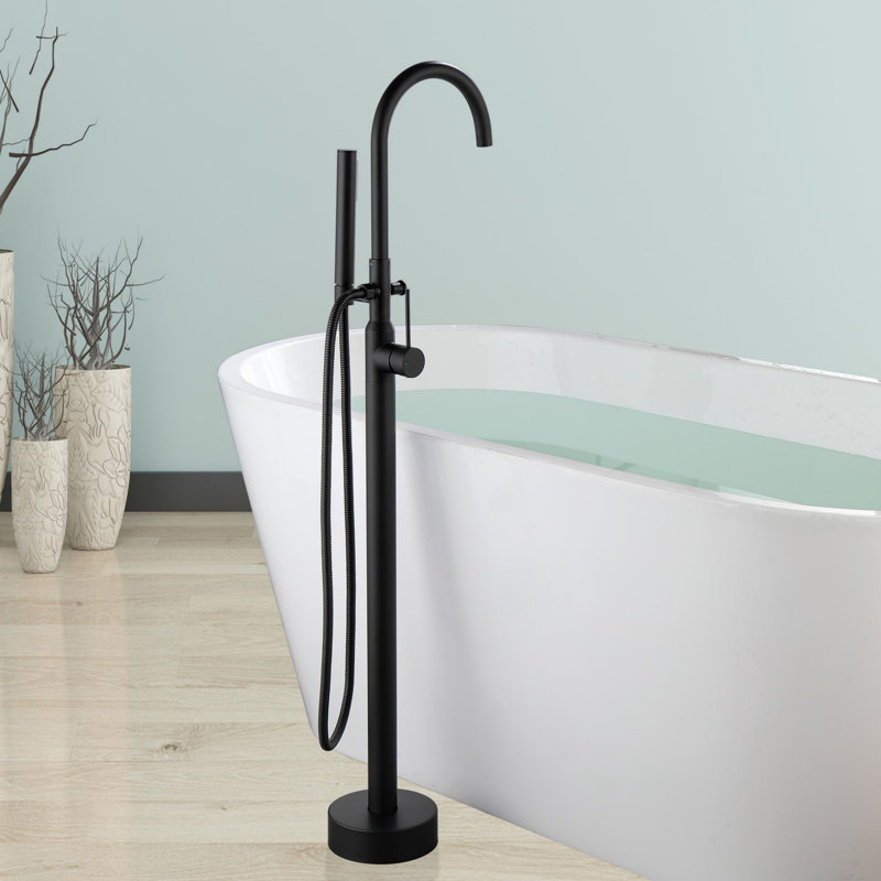 Robinet de baignoire autoportant à fixation au sol avec douche à main, Noir mat