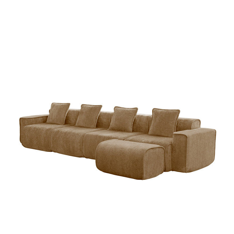 Canapé modulaire moderne en L à 4 places avec repose-pieds, sans assemblage, en velours brun de qualité supérieure
