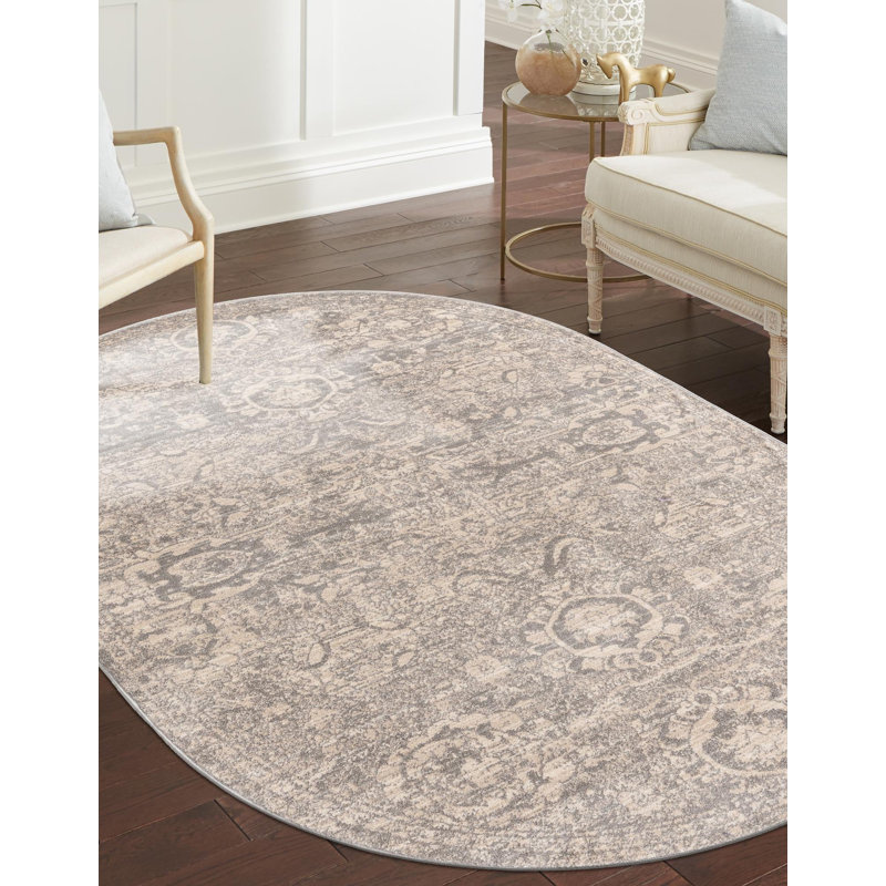 Tapis gris à motif floral Gause, Ovale 3 pi 11 po x 5 pi 11 po