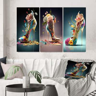 3 Piece Print Set - Gold Floral High Heel Shoes