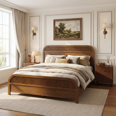 Marek Mid-Century Modern Wood Platform Bed Frame with Slatted Headboard