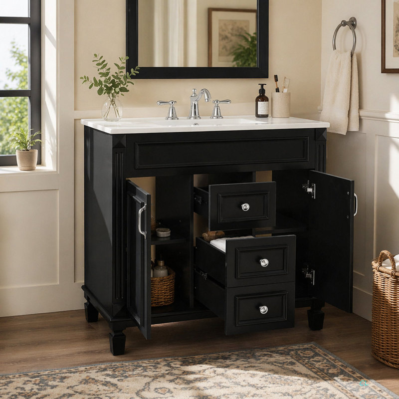 Meuble-lavabo 36 po avec lavabo supérieur, armoire de rangement moderne avec 2 portes à fermeture douce, meuble-lavabo simple