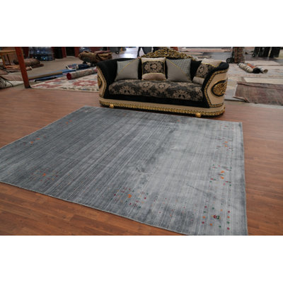 Tapis oriental gris et bleu en soie de style Gabbeh 8 x 10