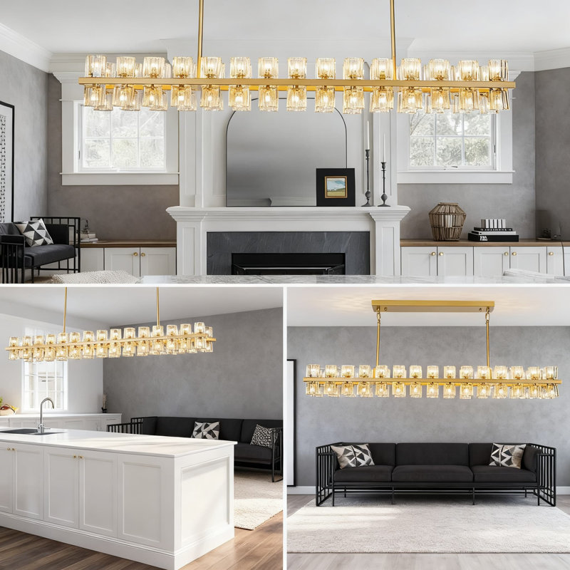 Lustre moderne en cristal rectangulaire à hauteur réglable pour salle à manger avec îlot de cuisine, lustre de ferme doré à intensité variable avec ampoules G4