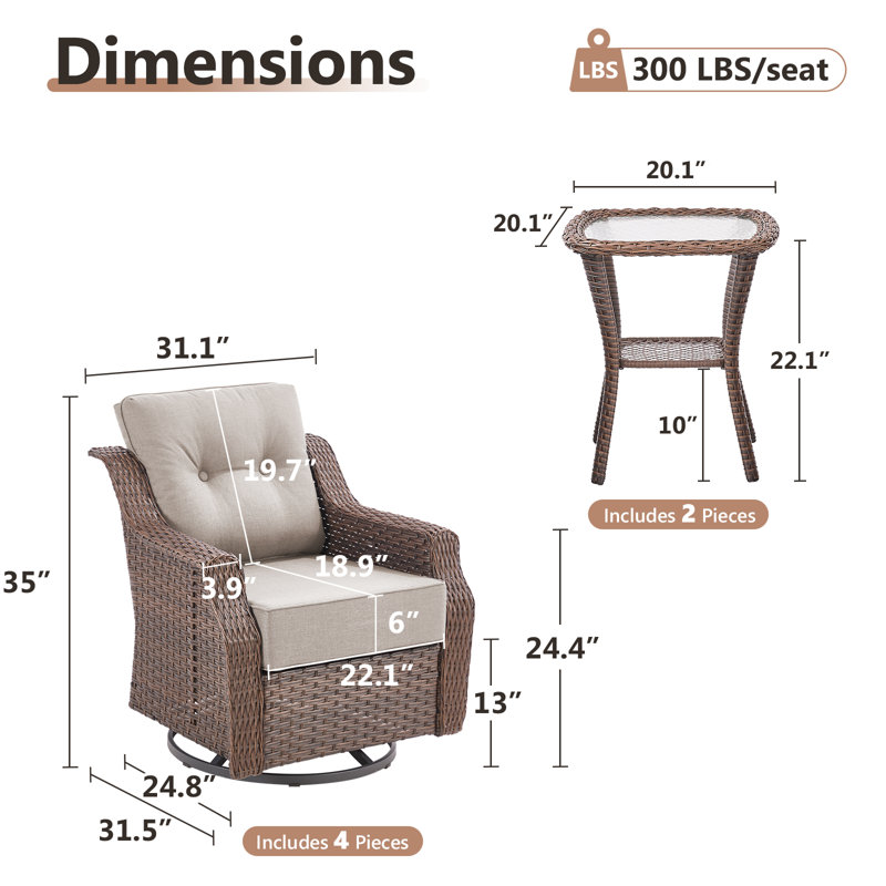 Acton Wicker / Rattan 4 - Person Outdoor Seating Group With Swivel & Glider Chairs And Glass-Top Side Table And Cushions