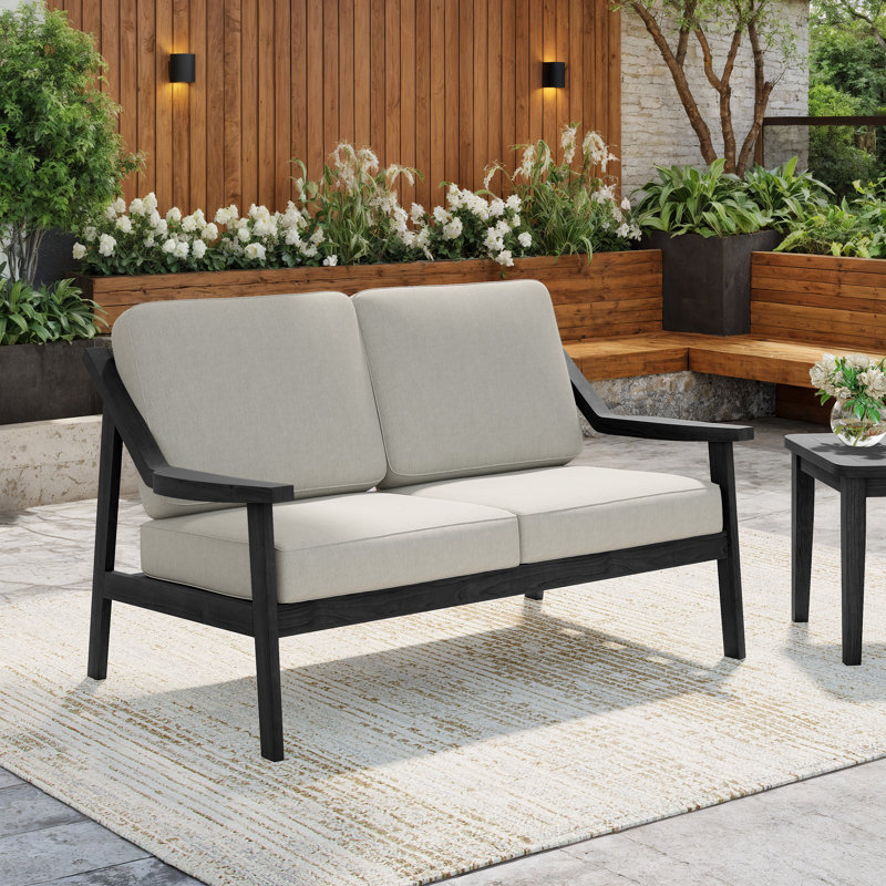 Marlo Solid Wood Teak Outdoor Loveseat With Cushion And Arms, Light Camel, Black