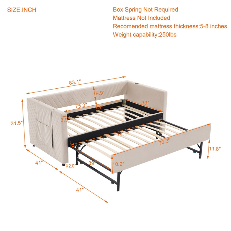 Twin Size Upholstered Daybed with Trundle,USB Port ,Side Pockets, Modern V-grained backrest Design,No Box Spring Needed, for Bedroom, Guest Room