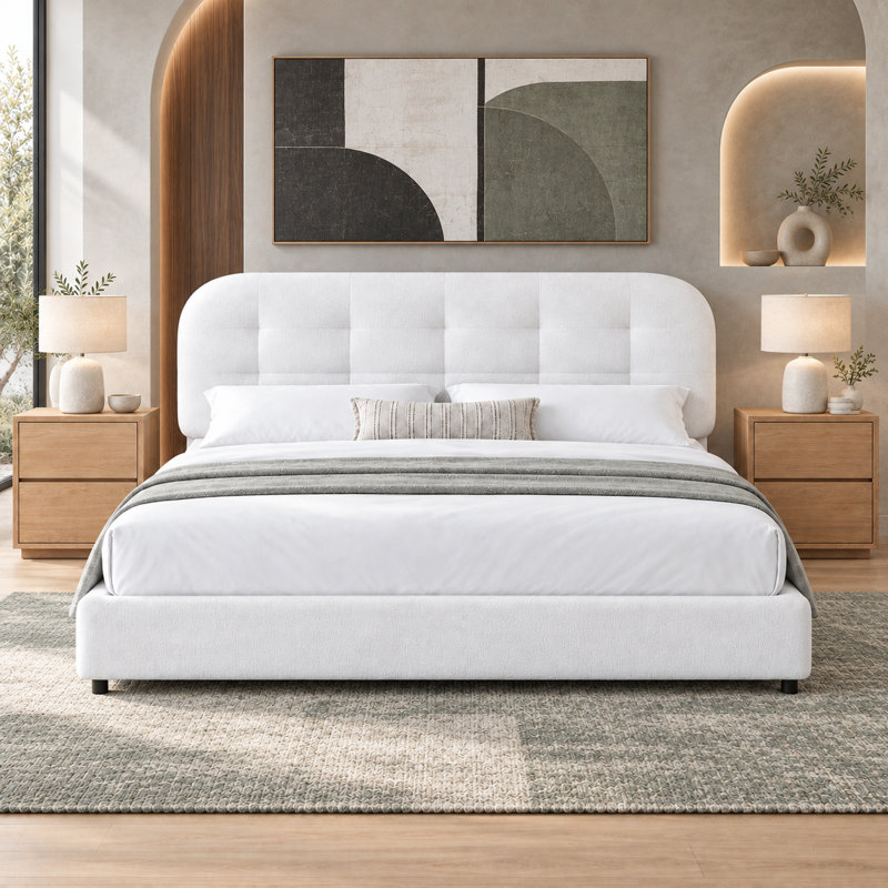 Ensemble de chambre à coucher 3 pièces, lit plateforme tapissier Boucle avec tête de lit capitonnée arrondie et 2 tables de chevet modernes à 2 tiroirs, finition bois de chêne naturel