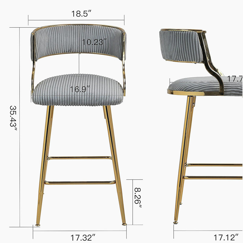 Ensemble de 2 tabourets de bar, tabouret de bar de 26 po de hauteur de comptoir, tabouret de comptoir en velours ondulé pour îlot de cuisine, avec dossier, base et repose-pieds chromés