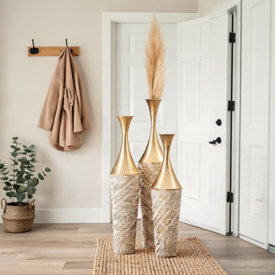Ensemble de 3 vases et pots champagne en métal, 27,56 po, avec cadre en métal pour le salon et ensemble de 3 vases de plancher fabriqués à la main