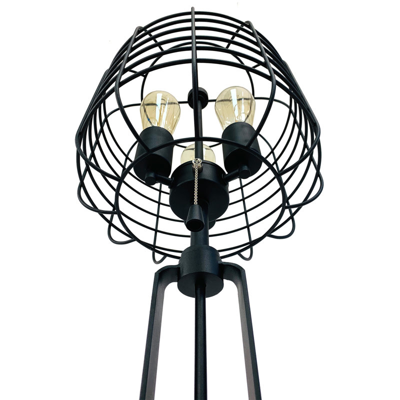 Lampe de table à 3 ampoules Emon avec port USB, abat-jour industriel en métal noir
