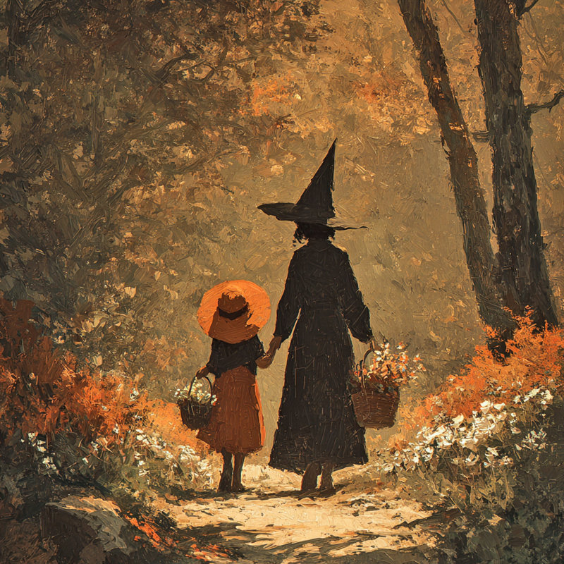 «Witch and Child Stroll», art mural sur toile tendue, H 20 po x l 20 po