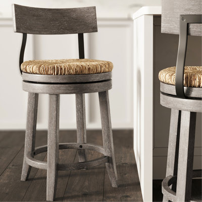 Tabouret de comptoir de 26 po de hauteur récupéré gris avec siège en ruppie naturelle, retour automatique à 180 degrés, supports en acier noir, repose-pieds, patins de plancher, pieds incurvés pour la cuisine ou les sièges supplémentaires, 37 po