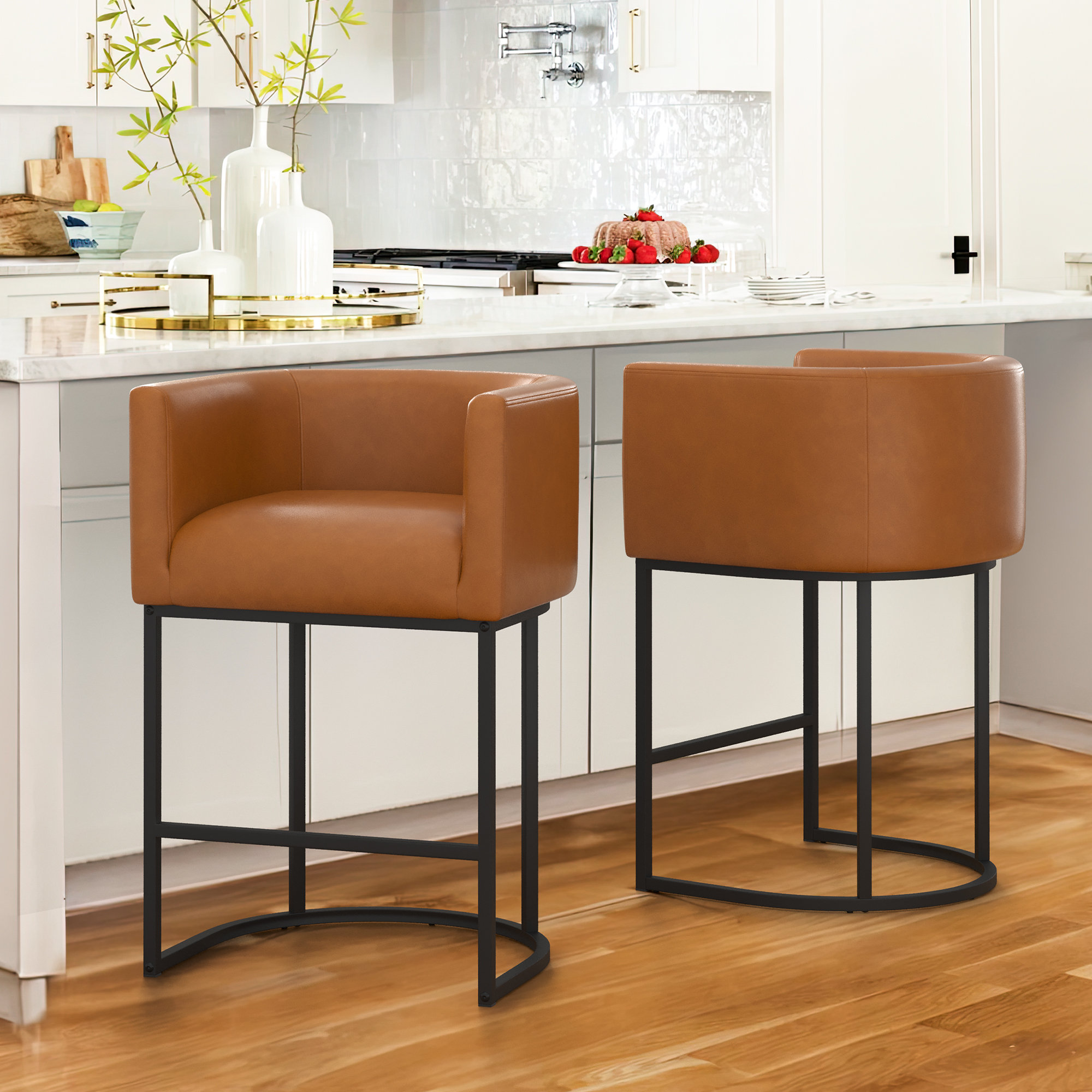 27" H Counter Height Bar Stools Set Of 2, Modern Barrel Counter Stools With Backrest And Arms, Metal Frames, Linen Fabric Upholstered Accent Barstools For Kitchen Island (Set of 2)
