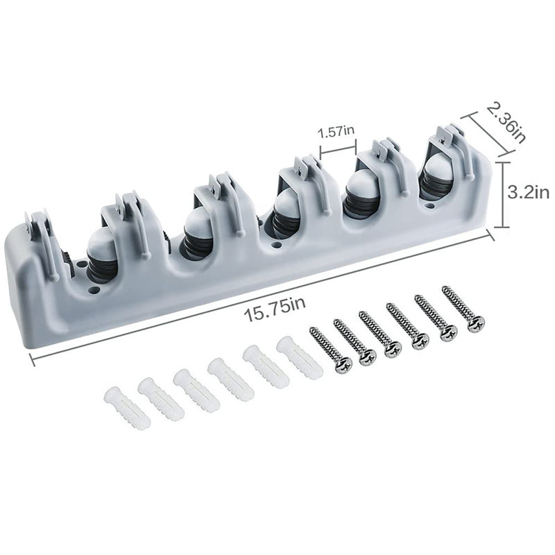 Wall Mounted Organizer with 5 Position 6 Hooks for Broom, Grey
