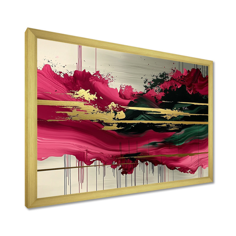 Abstrait rose et noir Fragments Of Time I - Art mural abstrait pour le salon, H 12 po x l 20 po, Cadre de photo unique, Doré