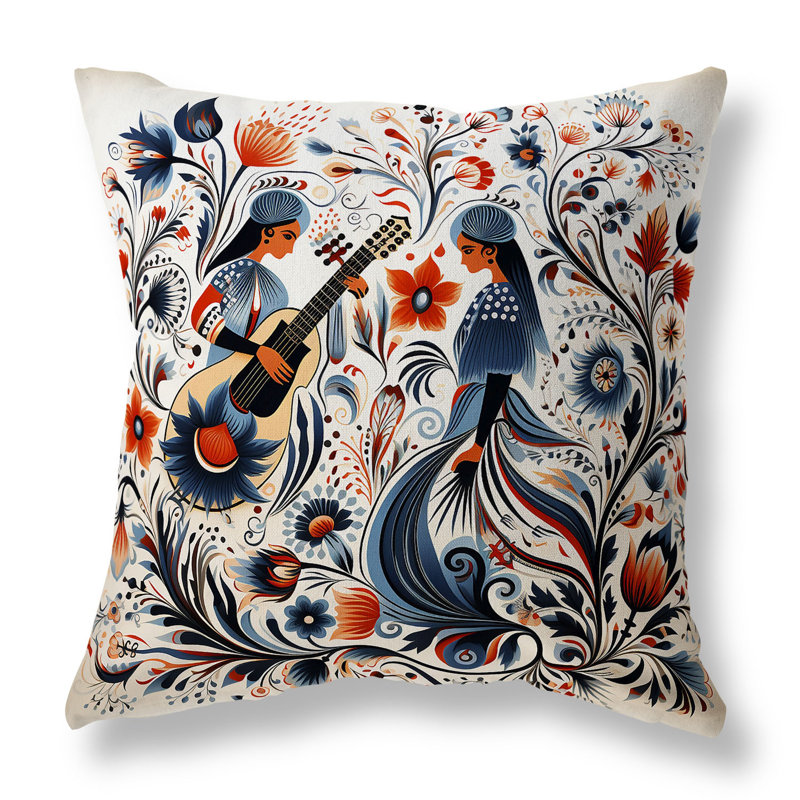 Coussin décoratif Musical Farry, Bleu/orange, H 18 po x l 18 po