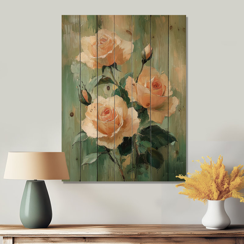 Pink Green Garden Roses Serenity II - Roses Wood Wall Decor - On Natural Pine Wood, 44" H x 34" W x 0.78" D