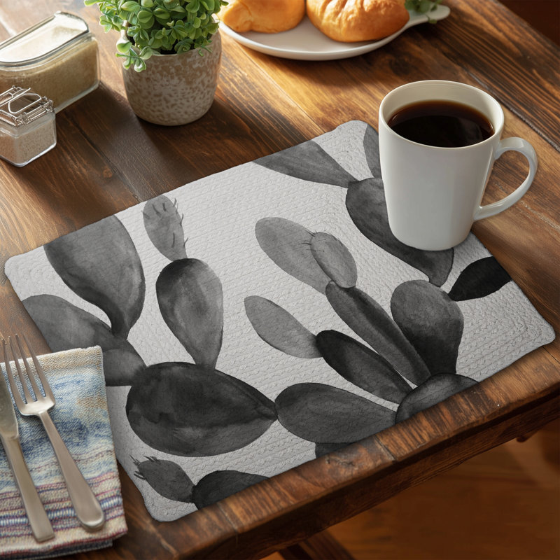 Gray Bedroom Exotic Braided Polyester Placemat - Grayscale Cactus