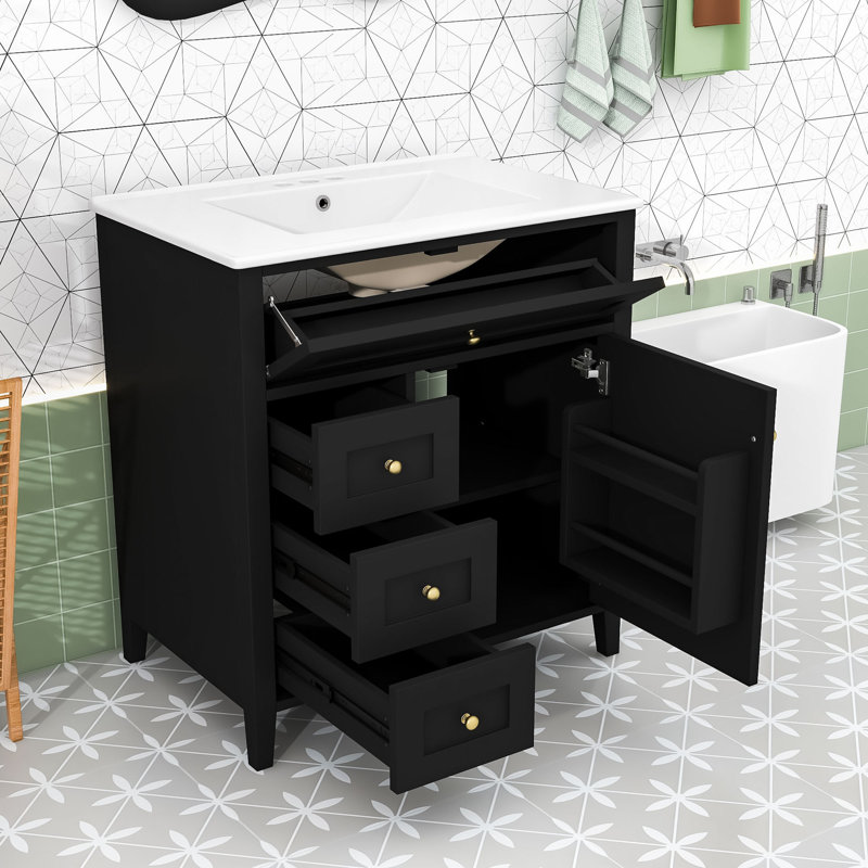 Meuble-lavabo moderne avec rangement spacieux, panneau de fibres à densité moyenne durable et tablettes réglables, Noir