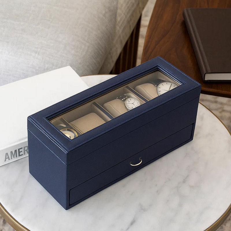  9.3 x 4 x 4.1 Inch Watch Case with 4 Slots, Storage Drawer, Removable Cushions, Blue