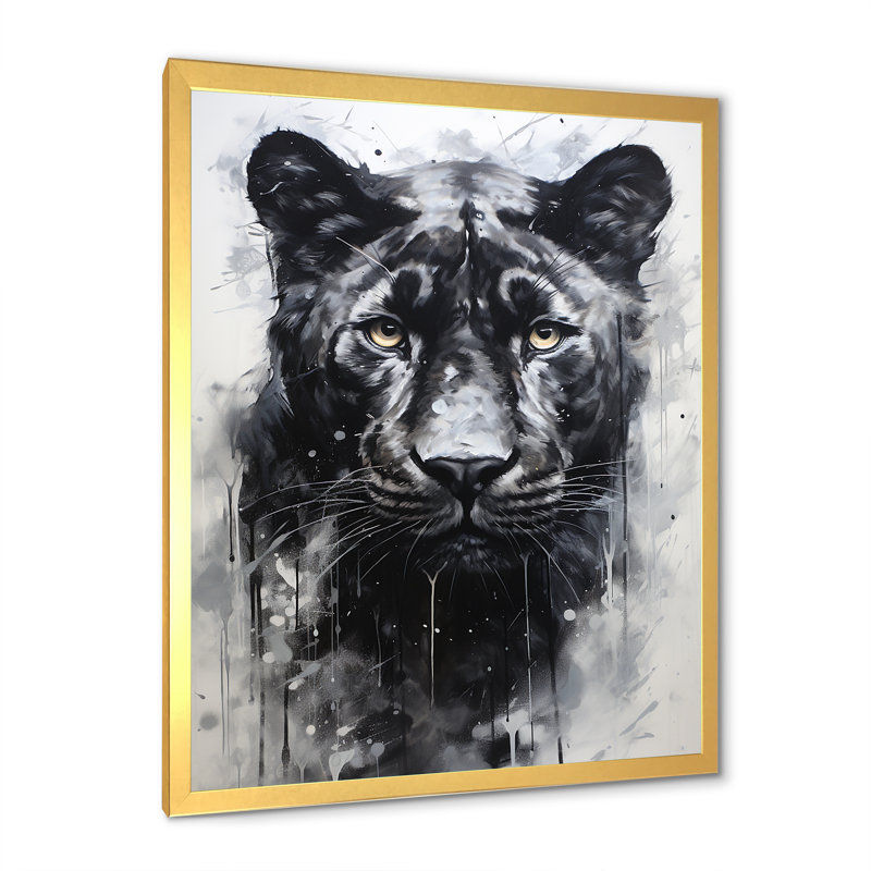 Portrait de panthère noir et blanc, H 20 po x l 12 po x P 1 po, Cadre doré simple