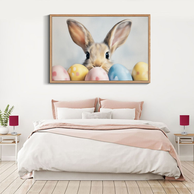  Art mural encadré de lapin de Pâques - Charmante décoration murale printanière, œuvre de lapin ludique pour la décoration de Pâques, cadre flottant, 18 po x 24 po