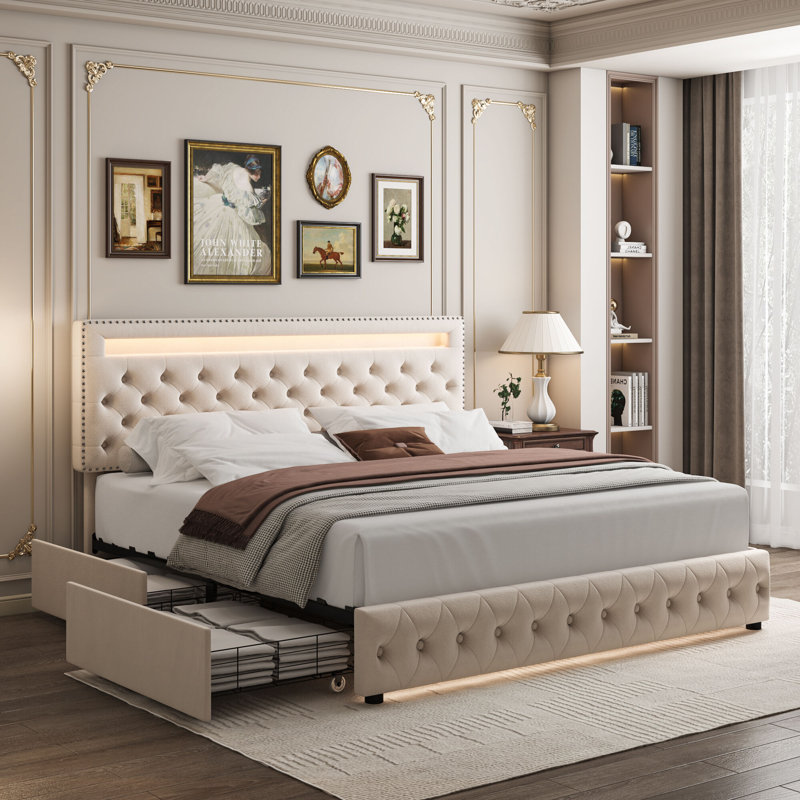 Modern Upholstered Platform Bed With 4 Storage Drawers and Led Lights, Metal Bed Frame with  Adjustable Headboard, Easy to Assembly, No Box Spring Needed,