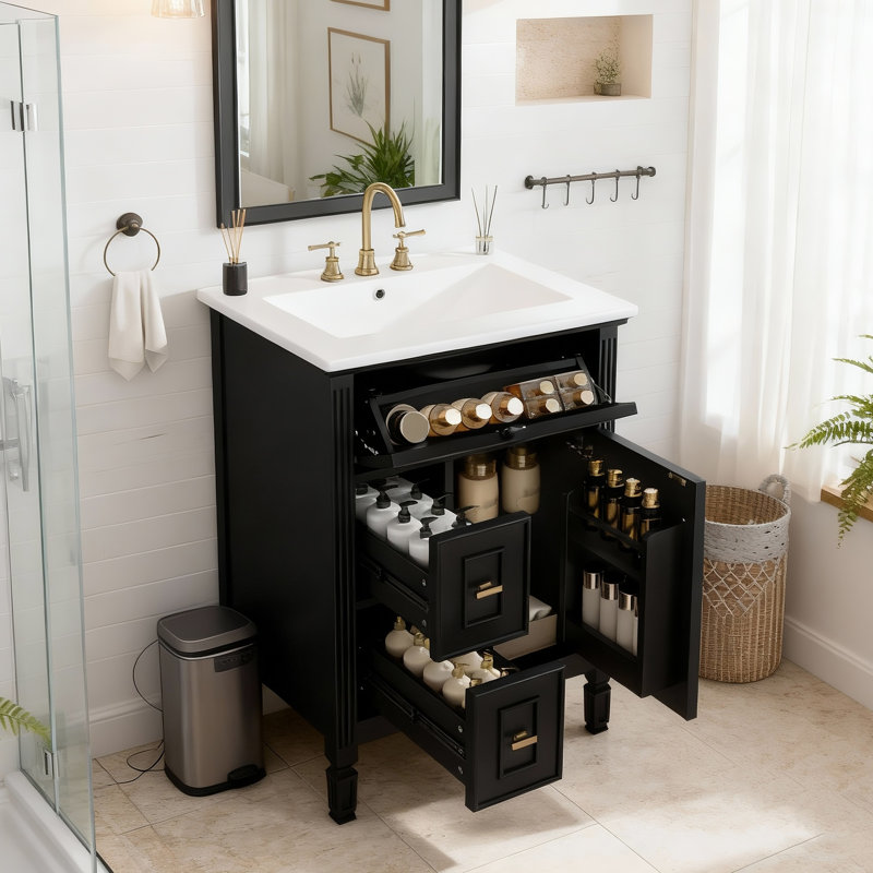 Meuble-lavabo autoportant de 24 pouces en bois massif et armoire en MDF avec tiroir rabattable, 2 tiroirs standards, Noir