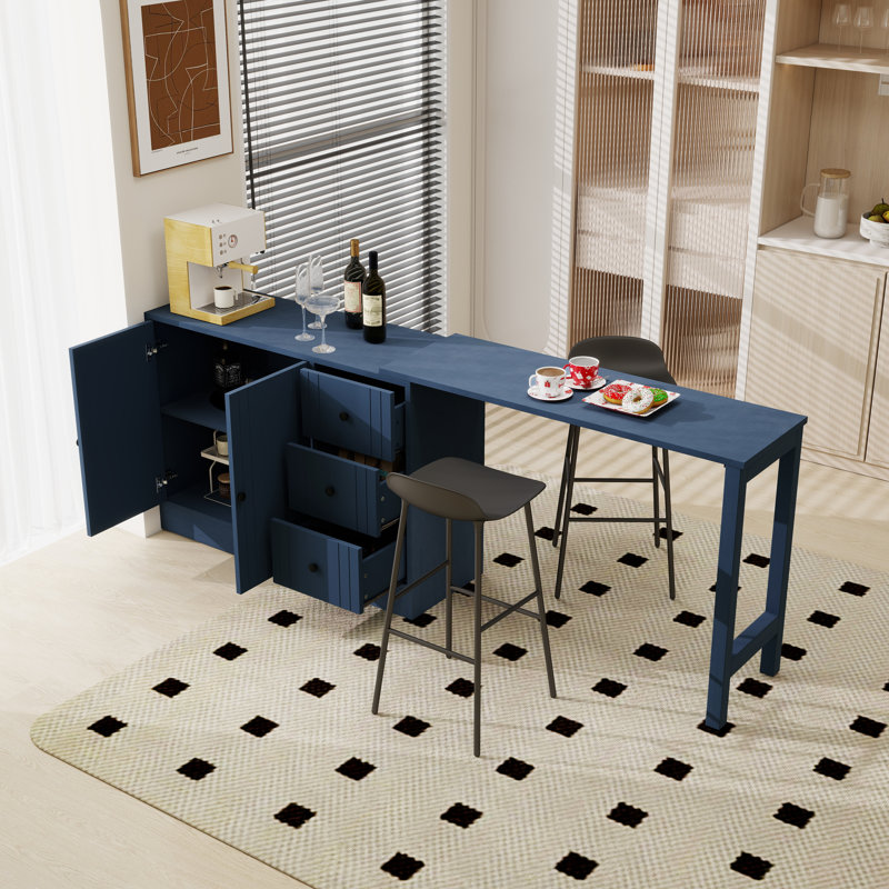 Kitchen Island With Extendable Dining Table 3 Drawers And 2 Doors Cabinet For Kitchen, Navy Blue